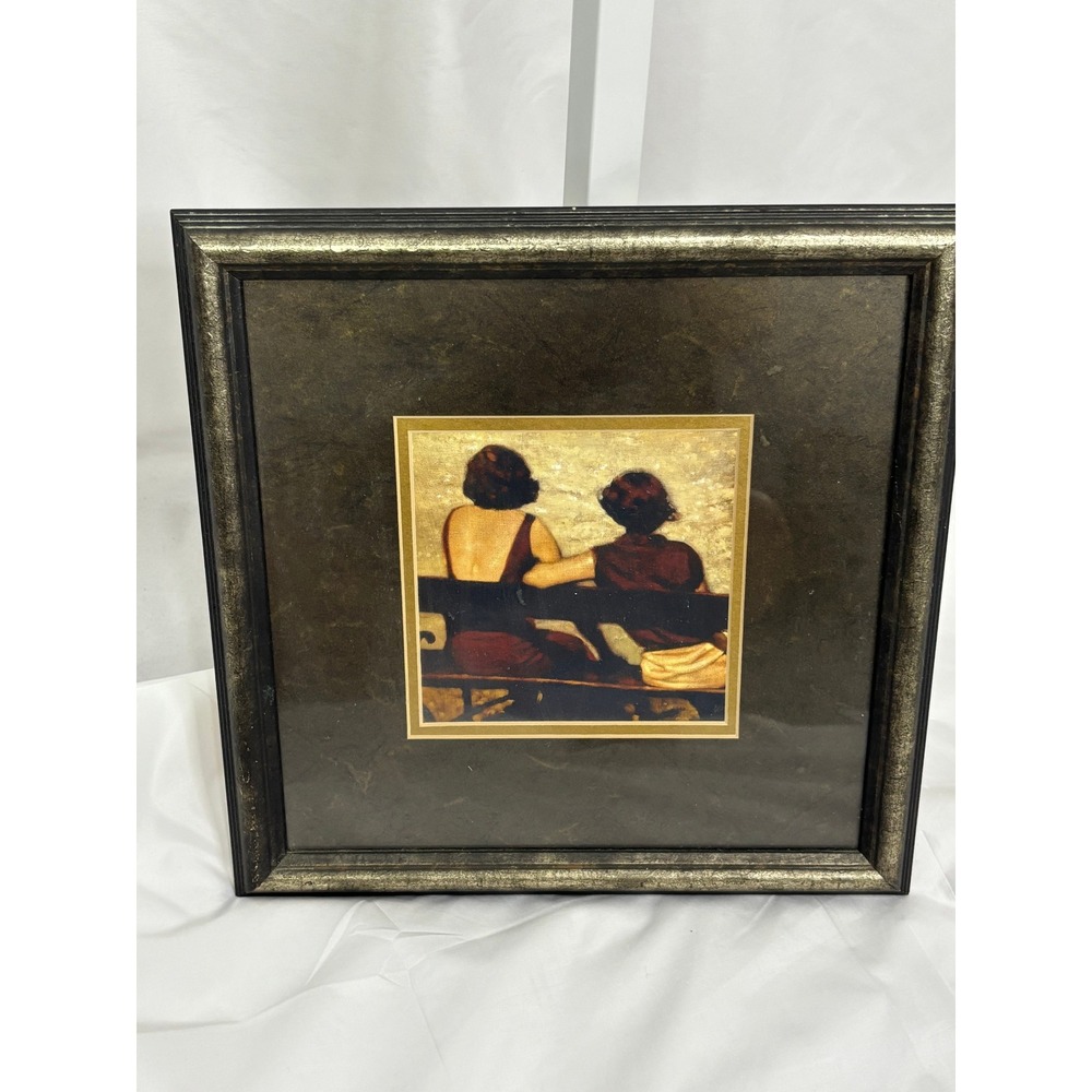 Vintage Style Framed Art Print Two Women on Bench 14x14 Square Wall Decor